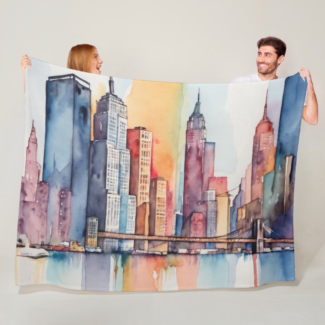 Watercolor Painted Urban Cityscape Skyscapers Fleece Blanket (In Situ)
