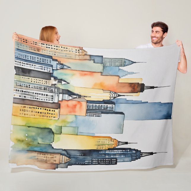 Watercolor Painted Urban Cityscape Skyscapers Fleece Blanket (In Situ)