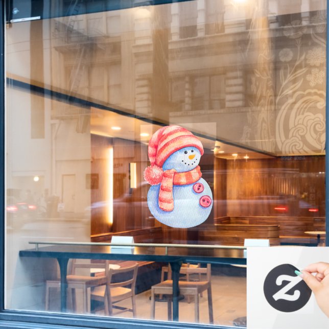 Watercolor Painted Winter Snowman Business Window Cling (Cafe Window)