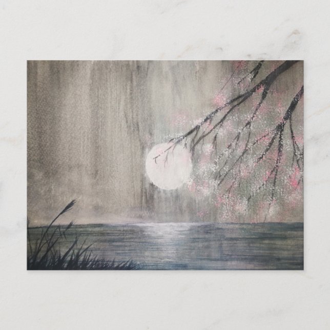 watercolor painting asian moon and cherry blossom  postcard (Front)