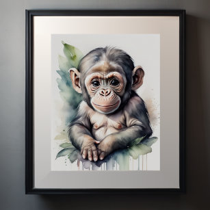 Watercolor Painting Baby Chimpanzee Nursery 5:4 Poster