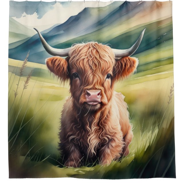 Watercolor Painting Baby Highland Cow Sitting (Front)