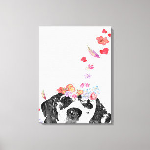 Watercolor Painting Beagle Dog Wreath Flowers Canvas Print