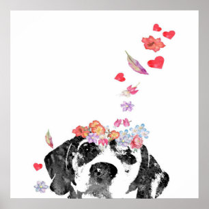 Watercolor Painting Beagle Dog Wreath Flowers Poster