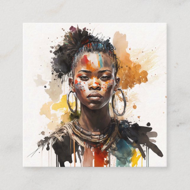 Watercolor Painting, Beautiful African Tribe Women Square Business Card (Front)