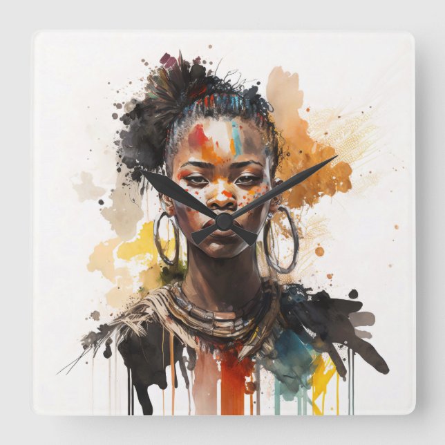 Watercolor Painting, Beautiful African Tribe Women Square Wall Clock (Front)
