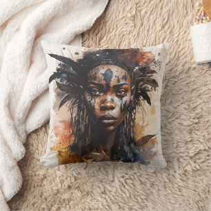 Watercolor Painting, Beautiful African Tribe Women Throw Pillow