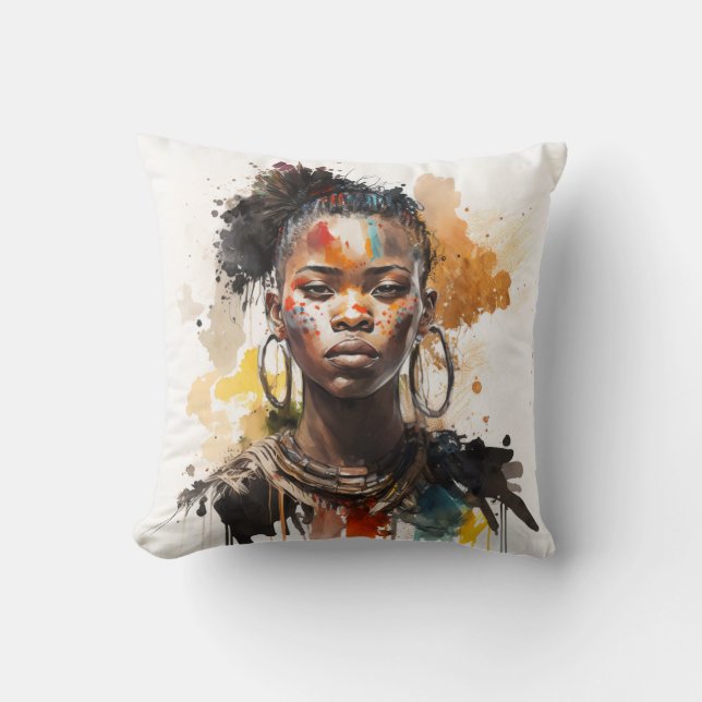 Watercolor Painting, Beautiful African Tribe Women Throw Pillow (Front)
