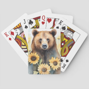 Watercolor Painting Brown Bear And Sunflowers Playing Cards