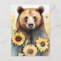 Watercolor Painting Brown Bear And Sunflowers