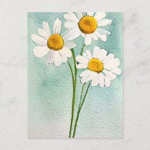 Watercolor painting chamomile flowers white bloom postcard