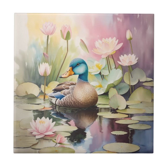 Watercolor Painting Duck On a Pond Tile (Front)