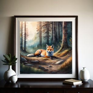 Watercolor Painting Fox Lying in Forest  1:1 Poster