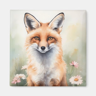 Watercolor Painting Fox With Daisy flowers Magnet
