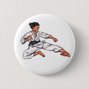 watercolor painting karate man leaping and kicking 2 inch round button