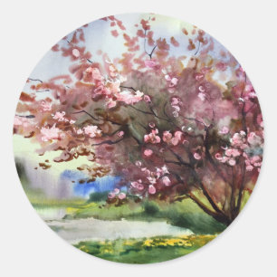 Watercolor Painting Landscape Classic Round Sticker