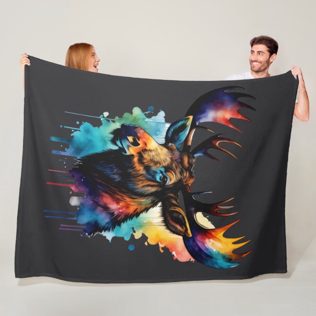 Watercolor Painting Multi Coloured Moose Fleece Blanket (In Situ)
