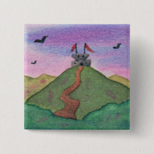 Watercolor, Painting, Nature, Fortress, Castle,  2 Inch Square Button