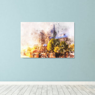 Watercolor Painting Notre Dame Cathedral Sunrise Canvas Print