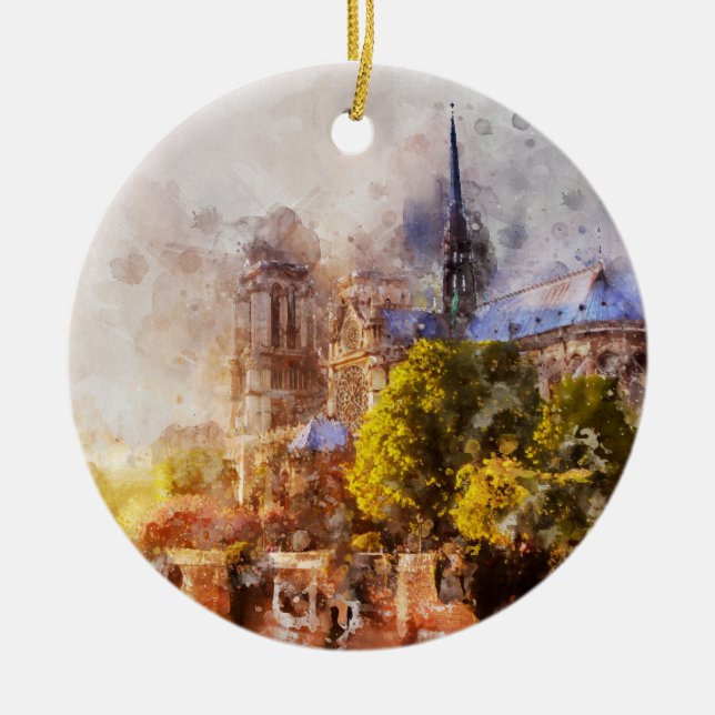 Watercolor Painting Notre Dame Cathedral Sunrise Ceramic Ornament (Front)