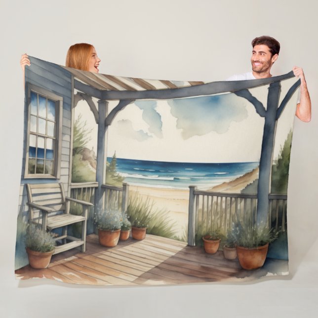 Watercolor Painting Ocean View Front Porch Fleece Blanket (In Situ)