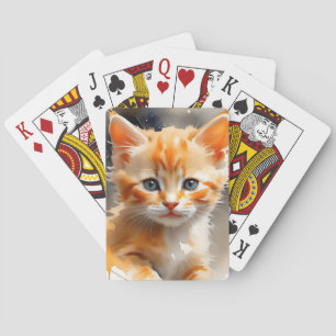 Watercolor painting of a cute orange cat playing cards