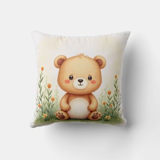 Watercolor Painting of a Cute, Small Bear Throw Pillow