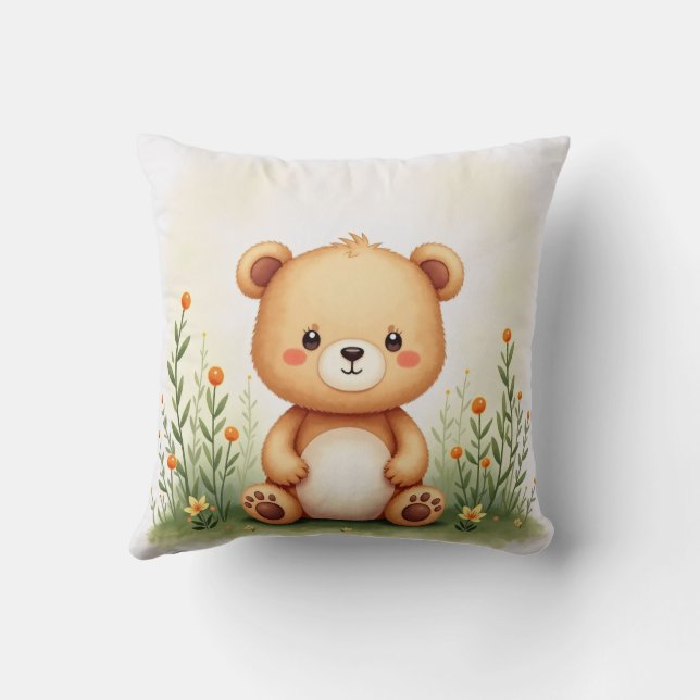 Watercolor Painting of a Cute, Small Bear Throw Pillow (Back)