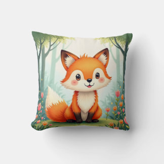 Watercolor Painting of a Cute, Small Fox  Throw Pillow