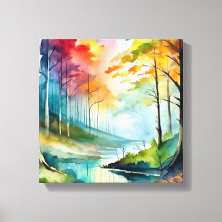 Watercolor painting of a forest and river canvas print
