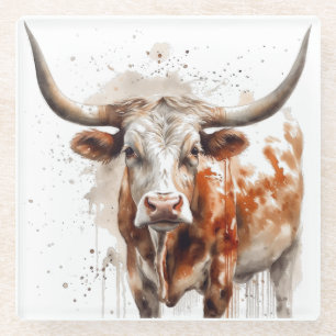 watercolor painting of a longhorn cow glass coaster