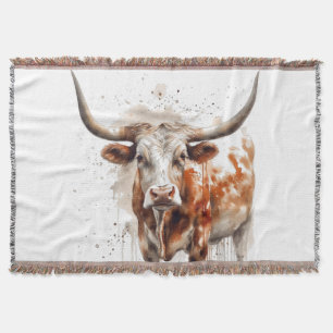 watercolor painting of a longhorn cow throw blanket