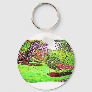 Watercolor painting of a lush spring garden keychain