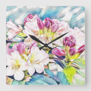 Watercolor painting of a pink and white azeea square wall clock