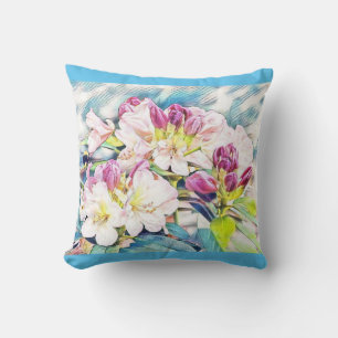 Watercolor painting of a pink and white azeea throw pillow
