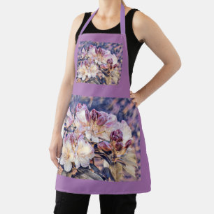 Watercolor painting of a purple azeea blossom apron