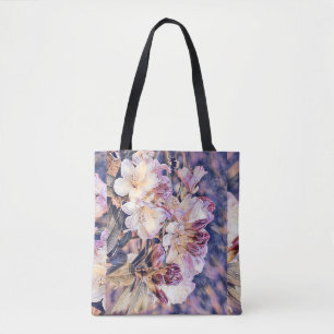 Watercolor painting of a purple azeea blossom tote bag