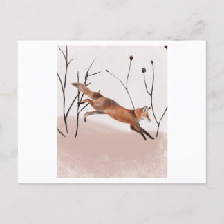 Watercolor painting of a winter fox jumping postcard