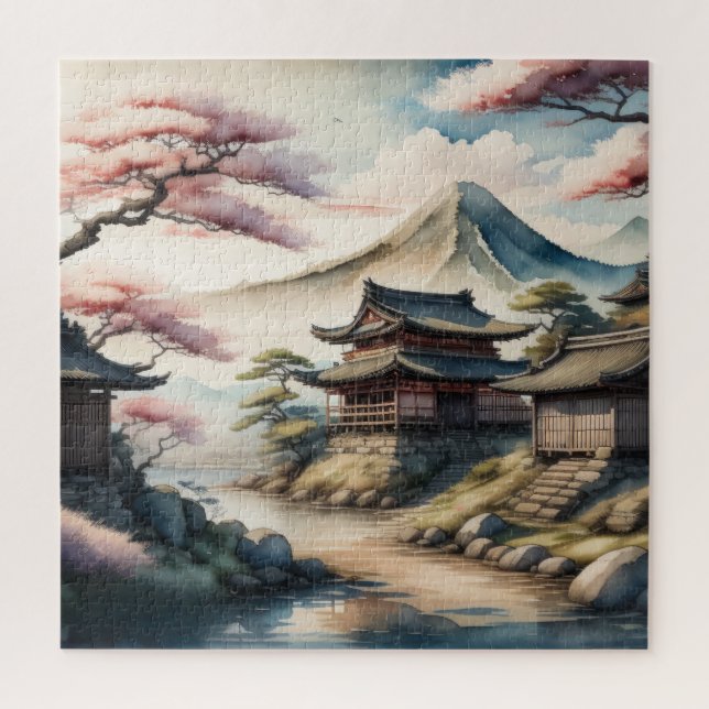 Watercolor Painting of Ancient Japanese Village Jigsaw Puzzle (Vertical)