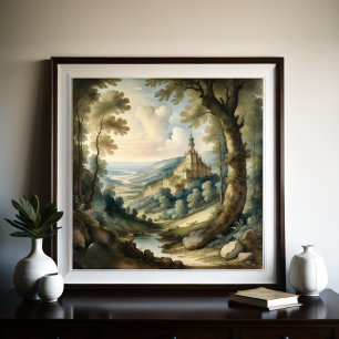 Watercolor Painting of Antique Style Landscape Poster
