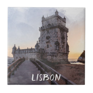 Watercolor painting of Belem tower at sunset Tile