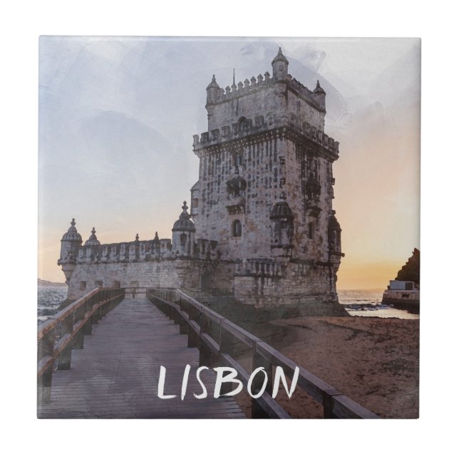 Watercolor painting of Belem tower at sunset Tile (Front)