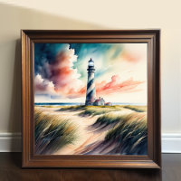 Watercolor Painting of Black White Lighthouse