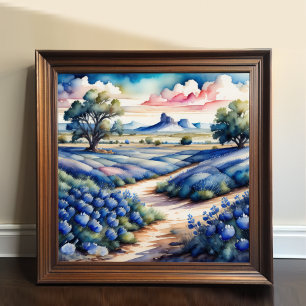 Watercolor Painting of Bluebonnet Landscape Poster