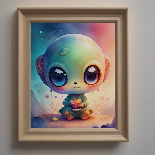 Watercolor Painting of Chibi Alien Poster