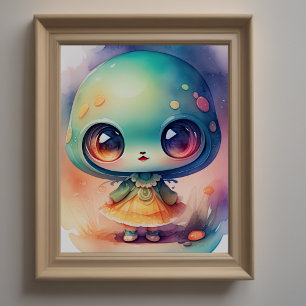 Watercolor Painting of Chibi Alien Poster