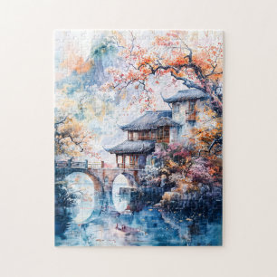 Watercolor painting of china temple and water jigsaw puzzle