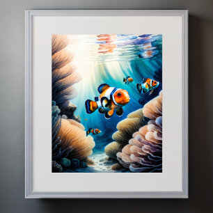 Watercolor Painting of Clown Fish Poster
