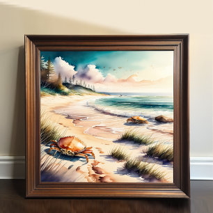 Watercolor Painting of Crabs on Beach Poster