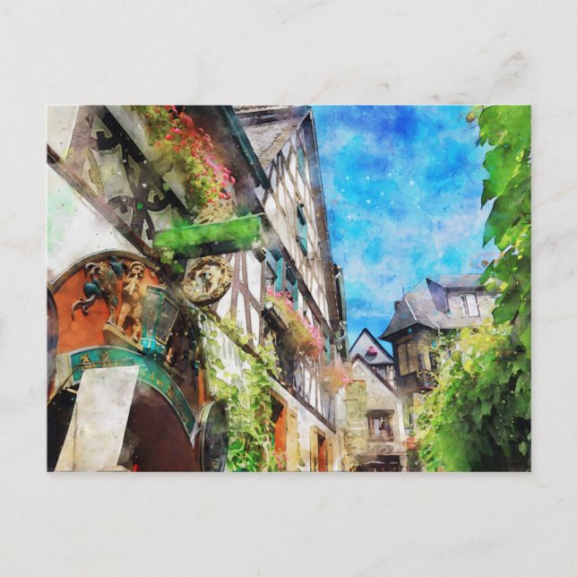 Watercolor painting of Drosselgasse Ruedesheim Postcard (Front)